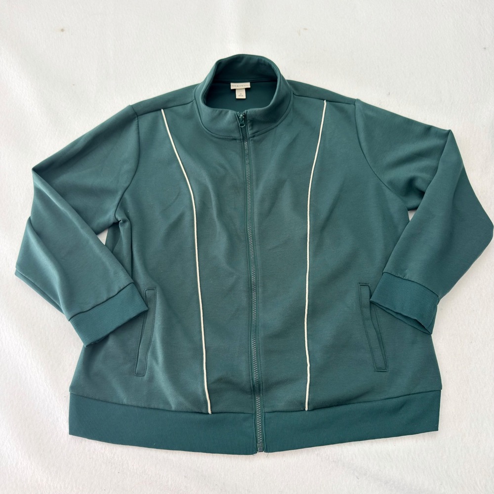 Ava & Viv Womens 1X Forest Green Full Zip Track Jacket Mock Neck Piping Jacket